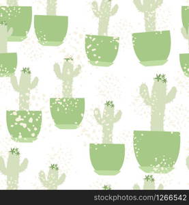 Cute cactus in pot seamless pattern on white background. Doodle botanical exotic wallpaper. Trendy design for fabric, textile print, wrapping paper, kitchen textiles. Vector illustration. Cute cactus in pot seamless pattern on white background.