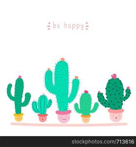 Cute cactus plant with happy faces in pots, Kawaii cactus for kids, Vector illustration.