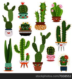 Cute cactus pots. Happy face cartoon succulent cacti funny flower smile plant lovely friends, desert garden trendy cactuses. Cute cactus pots. Happy face cartoon succulent cacti funny flower smile plant lovely friends, desert garden cactuses