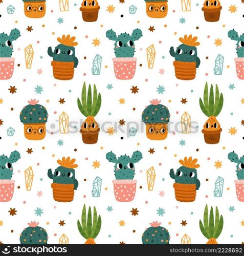 Cute cactus seamless pattern. Cartoon print with kawaii cacti in flower pots. Kids nursery floral theme. Happy houseplants. Succulents and bulbous plants with pretty funny muzzles. Vector background. Cute cactus seamless pattern. Cartoon print with kawaii cacti in flower pots. Kids floral theme. Happy houseplants. Succulents and bulbous plants with pretty muzzles. Vector background