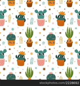 Cute cactus seamless pattern. Cartoon print with kawaii cacti in flower pots. Kids nursery floral theme. Happy houseplants. Succulents and bulbous plants with pretty funny muzzles. Vector background. Cute cactus seamless pattern. Cartoon print with kawaii cacti in flower pots. Kids floral theme. Happy houseplants. Succulents and bulbous plants with pretty muzzles. Vector background