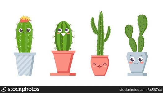 Cute cactus with faces. Succulent pot plants characters with positive emotions. Smiling tropical cacti with thorns in flowerpots with kind facial expressions, floral nature isolated vector set. Cute cactus with faces. Succulent pot plants characters with positive emotions. Smiling tropical cacti with thorns