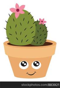 Cute cactus with pink flower, illustration, vector on white background.