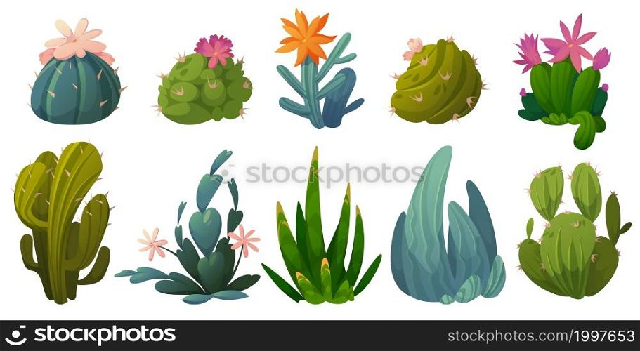 Cute cactuses, succulents and desert plants with flowers isolated on white background. Vector cartoon set of green prickly cacti with blossoms and spikes. Icons of houseplant and garden cactaceae. Cute cactuses, succulents and desert plants