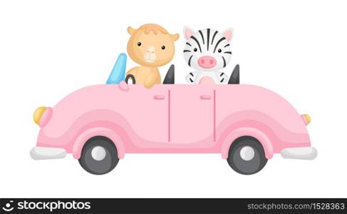 Cute camel and zebra driver on car. Graphic element for childrens book, album, scrapbook, postcard or mobile game. Flat vector illustration isolated on white background.