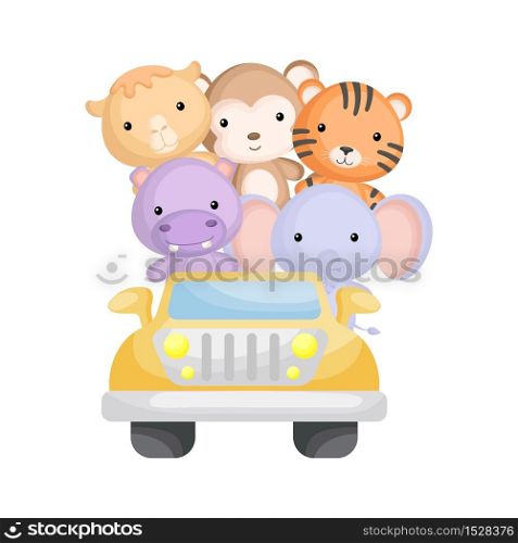 Cute camel, hippo, monkey, tiger and elephant travel in car. Graphic element for childrens book, album, postcard or mobile game. Zoo theme. Flat vector illustration isolated on white background.