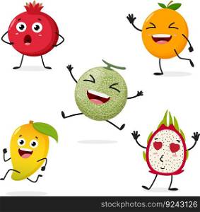 Cute cantaloupe, orange, mango, dragon fruit, pomegranate fruits cartoon characters 