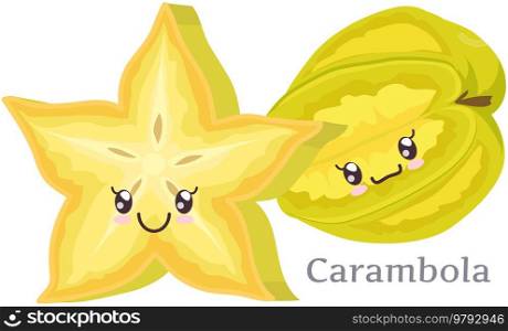 Cute carambola sticker kawaii icon vector. Adorable cute charming tropical fruit with positive emotions, event or very pleasant situation, japanese culture symbol anime, innocence and childishness. Cute carambola sticker kawaii character icon vector design. Adorable, cute charming cheerful face