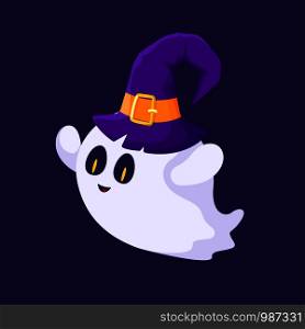 Cute card, poster - Halloween ghost in wizards or withes hat, with happy face. Isolated colored vector illustration, funny and scary creepy character, cartoon magi? creature, traditional holiday symbol, flat. Halloween cute symbols