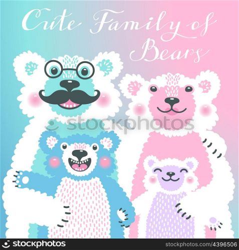 Cute card with a family of bears. Dad hugs mother and children.. Cute card with a family of bears. Dad hugs mother and children. Vector illustration.