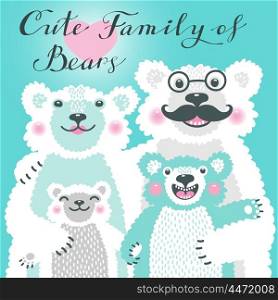 Cute card with a family of white bears. Dad hugs mother and children.. Cute card with a family of white bears. Dad hugs mother and children. Vector illustration.