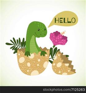 Cute card with cartoon baby dinosaur hatching from egg. Little dino for t-shirt, kids apparel, poster, nursery or etc. Vector illustration.. Cute cartoon baby dinosaur hatching from egg.