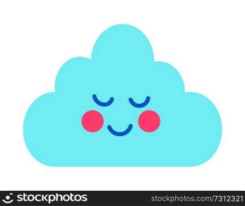 Cute card with cheerful cloud, colorful vector illustration with bright blue eddy with closed eyes, two pink and round blushes, isolated on white. Cute Card with Cheerful Cloud Vector Illustration