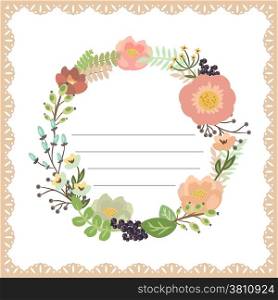 Cute card with flower bouquet. Frame with lace. Vector illustration