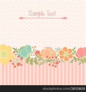 Cute card with flower bouquet. Polka dots and stripes background. Vector illustration