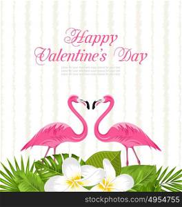 Cute Card with Pink Flamingos and Green Leaves for Valentines Day. Illustration Cute Card with Pink Flamingos and Green Leaves for Valentines Day - Vector
