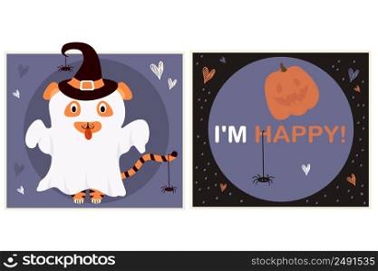 Cute cards with funny ghost tiger in witch hat for Halloween. Vector illustration with text I am happy. Bright greeting halloween square postcard With cute animal, pumpkin jack and spider