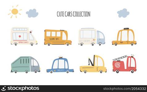 Cute cars collection. Cartoon funny transport. Vector cartoon illustrations in simple childish hand-drawn Scandinavian style for children. Fire, ambulance, police, bus, etc.. Cute cars collection. Cartoon funny transport. Vector cartoon illustrations in simple childish hand-drawn Scandinavian style