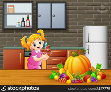 Cute Cartoon a Girl holding a cake in the Kitchen