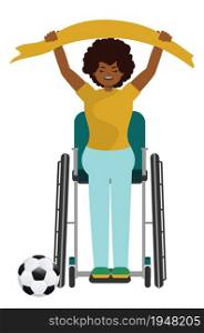 Cute cartoon afro american girl on wheelchair soccer or football fan illustration.