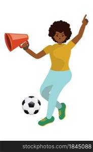 Cute cartoon afro american girl soccer or football fan illustration.