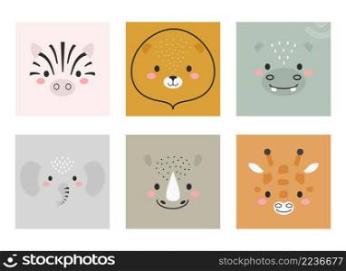 Cute cartoon animal faces set. Party decor for children. Childish print for cards, stickers, invitation, nursery decoration. Vector stock illustration.