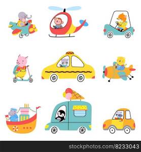 Cute cartoon animals driving auto, flying helicopter and swim on ship. Funnyπg ride on scooter, raccoon taxi driver. Childish stickers vector col≤ction. Illustration of car vehic≤transport. Cute cartoon animals driving auto, flying helicopter and swim on ship. Funnyπg ride on scooter, raccoon taxi driver. Childish stickers nowaday vector col≤ction