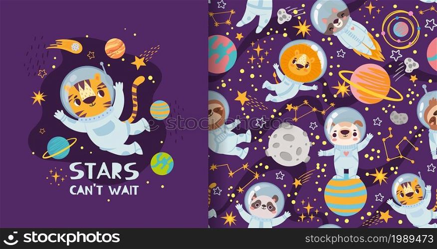 Cute cartoon animals in space, pajamas print and pattern design. Astronauts in space suits flying in universe. Tiger, lion and dog, panda and raccoon exploring galaxy with planets and stars vector. Cute cartoon animals in space, pajamas print and pattern design. Astronauts in space suits flying in universe