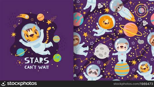 Cute cartoon animals in space, pajamas print and pattern design. Astronauts in space suits flying in universe. Tiger, lion and dog, panda and raccoon exploring galaxy with planets and stars vector. Cute cartoon animals in space, pajamas print and pattern design. Astronauts in space suits flying in universe