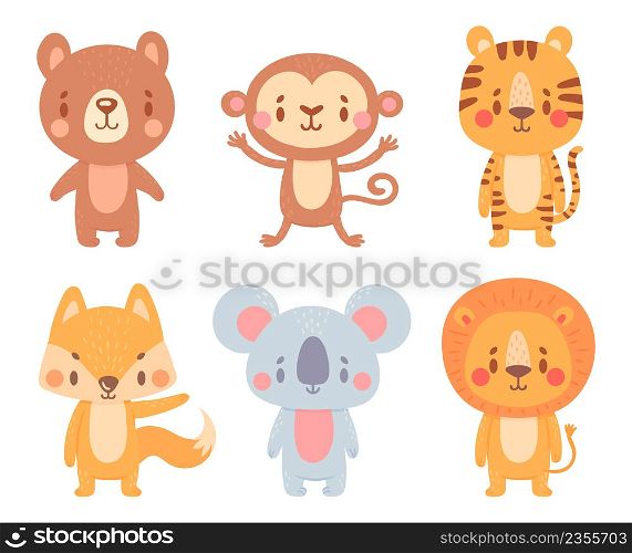 Cute cartoon animals. Wild adorable characters with smiling faces. Cartoon cute bear, monkey, tiger, fox, koala and lion. Lovely mammals standing isolated. Jungle zoo fauna vector set. Cute cartoon animals. Wild adorable characters with smiling faces. Cartoon cute bear, monkey, tiger, fox, koala and lion