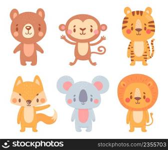 Cute cartoon animals. Wild adorable characters with smiling faces. Cartoon cute bear, monkey, tiger, fox, koala and lion. Lovely mammals standing isolated. Jungle zoo fauna vector set. Cute cartoon animals. Wild adorable characters with smiling faces. Cartoon cute bear, monkey, tiger, fox, koala and lion