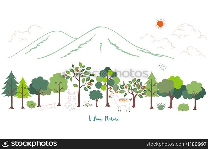 Cute cartoon animals wildlife with nature landscape background for kid product,print,t-shirt or textile,vector illustration
