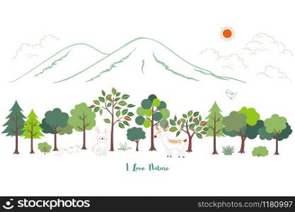 Cute cartoon animals wildlife with nature landscape background for kid product,print,t-shirt or textile,vector illustration