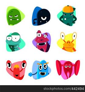 Cute cartoon avatars and icons. Monster faces vector set. Collection of face monsters illustration. Cute cartoon avatars and icons. Monster faces vector set