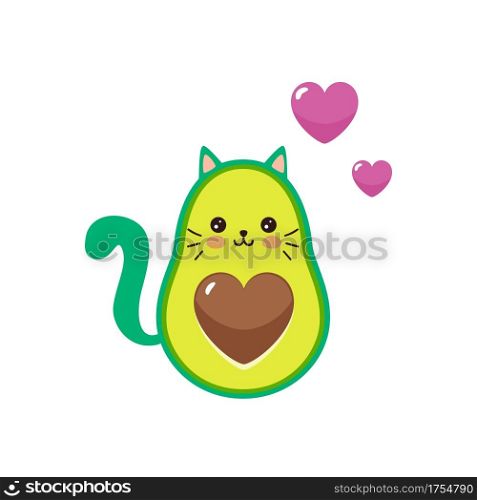 Cute cartoon avocado cat character with funny smiles in love. Vector illustration.