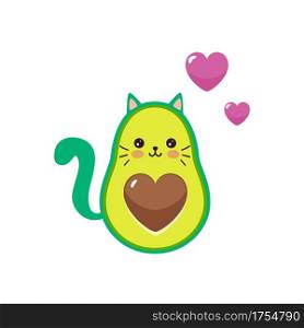 Cute cartoon avocado cat character with funny smiles in love. Vector illustration.