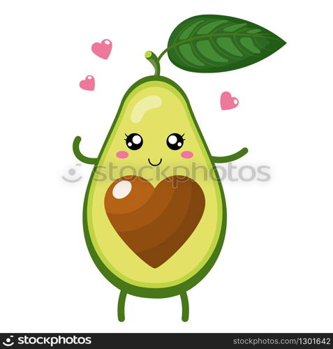 Cute cartoon avocado character in love isolated on white background. Vector illustration for any design.