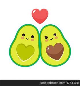 Cute cartoon avocado characters with funny smiles in love. Vector illustration.