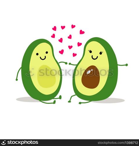 Cute cartoon avocado couple holding hands, Valentine&rsquo;s day greeting card. Love concept with hearts vector illustration.. Cute cartoon avocado couple holding hands, Valentine&rsquo;s day greeting card. Avocado love with hearts vector illustration.