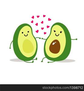 Cute cartoon avocado couple holding hands, Valentine&rsquo;s day greeting card. Love concept with hearts vector illustration.. Cute cartoon avocado couple holding hands, Valentine&rsquo;s day greeting card. Avocado love with hearts vector illustration.