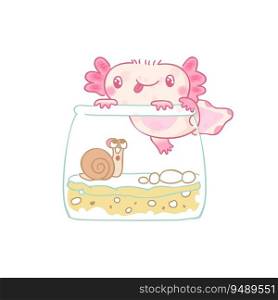 Cute cartoon axolotl character. Kawaii vector illustration. Axolotl clipart digital, Cute Animals aquatic. Kawaii vector illustration