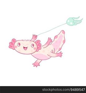 Cute cartoon axolotl character. Kawaii vector illustration. Cute axolotl mascot cartoon vector illustration. Running axolotl