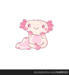 Cute cartoon axolotl character. Kawaii vector illustration. Cute axolotl mascot cartoon vector illustration. Sitting axolotl