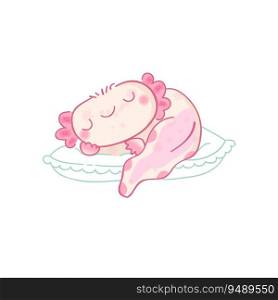 Cute cartoon axolotl character. Kawaii vector illustration. Cute axolotl mascot vector kawaii illustration. Sleeping axolotl