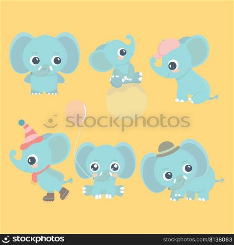 Cute cartoon baby elephant set. Adorable little elephants, greeting cards design elements. . Cute cartoon baby elephant set. Adorable little elephants