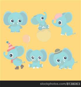 Cute cartoon baby elephant set. Adorable little elephants, greeting cards design elements. . Cute cartoon baby elephant set. Adorable little elephants