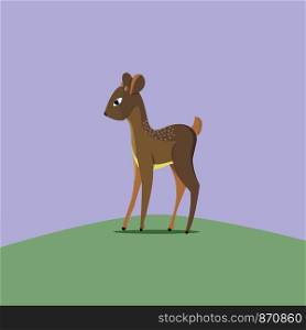 Cute cartoon baby fawn standing in a clearing, vector illustration of character