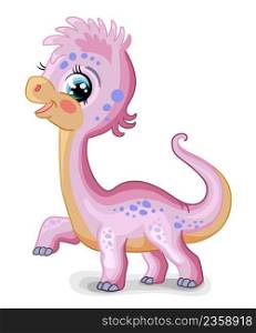Cute cartoon baby girl dinosaur character diplodocus. Vector illustration isolated on white background. For print, design, advertising, stationery, t-shirt and textiles, decor, sublimation.. Cute cartoon diplodocus girl vector isolated illustration