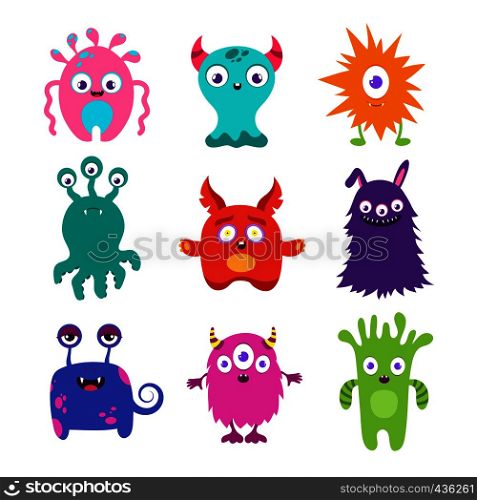Cute cartoon baby monsters vector collection. Color monster character mascot illustration. Cute cartoon baby monsters vector collection