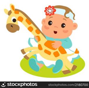 Cute cartoon baby playing with soft animal toy isolated on white background. Cute cartoon baby playing with soft animal toy